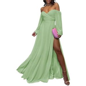Chiffon bruidsmeisjesjurk voor dames, met splitplooien, baljurken, cocktailjurken, grote maten, Sage Groen, 32