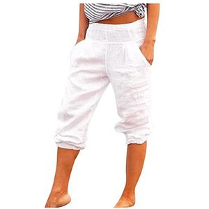 Katoenen broek zak kort gesneden en solide vrijetijdsbroek voor dames pyjama 3/4 broek dames, wit, XXL