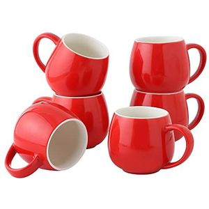 superyes Rode mokken-sets van 6, voor koffie, latte, cappuccino, warme chocolademelk, thee, melk en water, glanzende geglazuurde ronde kop met grote handgreep 15 oz