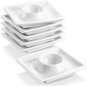 MALACASA, Blance serie, 6-delige set eierdopjes van crèmewit porselein, eierstandaard eierhouder, elk 10x10x2.5cm