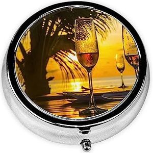Champagne Glas Print Ronde Pil Organizer 3 Compartiment Pillendoos Draagbare Geneeskunde Pil Case voor Outdoor Reizen