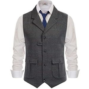 XPJYUA Heren vesten heren pak vest revers gestreepte traliewerk wol tweed gemengd visgraat silm fit voor formele casual heren vest kleding voor bruiloft groomsmen, Zwart Grijs, S