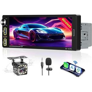 Autoradio Bluetooth 1 DIN stereo auto Bluetooth compatibel met Wireless CarPlay & Android Auto, 6,9 inch touchscreen-speler, RDS radio/FM/AM/handsfree/snellading/microfoon/autocamera