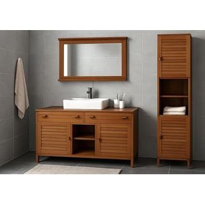 Mendler Teak badkamerset HWC-M87, wastafel hoge kast wandspiegel badkamer, hoge kwaliteit B-Grade-teak