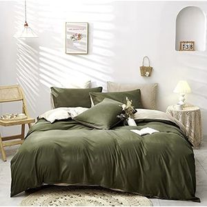 Damier Groen beddengoed, 155 x 220 cm, olijfgroen, beige, effen dekbedovertrek, superzacht, microvezel, 2-delige dekbedovertrekset met verborgen ritssluiting en kussensloop 80 x 80 cm