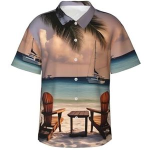 ERSDWRE Strand palmboom stoelen boten print heren korte mouw button-down shirts casual zomer strand shirts Hawaiiaanse shirt voor mannen, Zwart, S