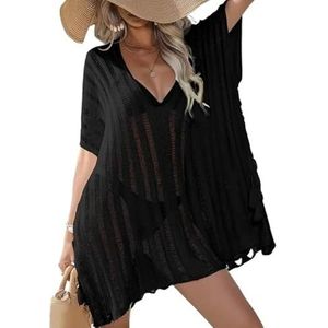 Strandjurk voor dames, V-hals, crochet, mini-jurk, sexy mouwen, los, casual, hol, T-shirt, strandjurk, strandjurk voor dames (Noir)