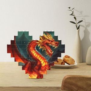 Bouwsteenpuzzel Hartvormige bouwstenen Dragon King in Fire Puzzels Blokpuzzel voor Volwassenen, 3D Micro Bouwstenen voor Home Decor Bakstenen Set