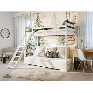thematys® Liona Stapelbed en sofa voor kinderen, 90 x 200/140 x 200 cm, veelzijdig, ombouwbaar met ladder en valbescherming (wit met lichte overtrek)