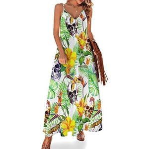 Hawaiiaanse hibiscus en tropische schedel dames zomer maxi-jurk V-hals mouwloze spaghettibandjes lange jurk
