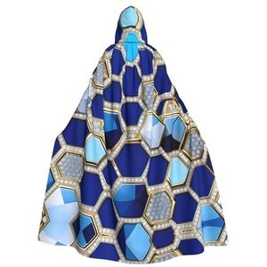 WURTON Blauwe zeshoeken en diamanten mystieke mantel met capuchon voor mannen en vrouwen, ideaal voor Halloween, cosplay en carnaval, 185 cm