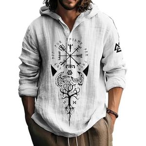 JHBTFQ Viking Heren Hoodie 3D-print Bamboe-linnen Stof Met Capuchon Kraag Knopen Shirt Lange Mouwen Noords Cadeau,Yggdrasil white,L