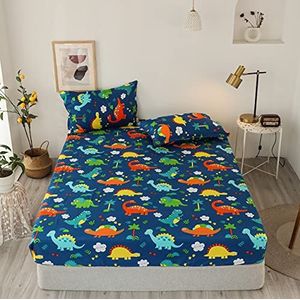 Damier Hoeslaken voor kinderen, 120 x 200 cm, dino-patroon, met elastiek, voor jongens en kinderen, dinosaurus, geschikt voor matrassen tot 30 cm