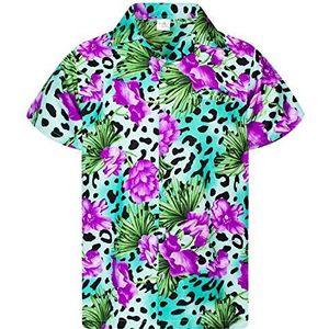 Funky Hawaiiaans Overhemd, Hawaii-Overhemd, Korte Mouw, Leopard Flowers, Turkoois, L