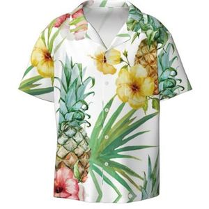 OdDdot Tropische ananasprint herenoverhemden atletisch slim fit korte mouw casual zakelijk overhemd met knopen, Zwart, 3XL