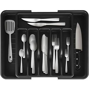 Deleca Bestekbak voor laden, 57 x 38 cm, bestekbak met deksel, kunststof, zwart, lade-inzet voor keuken met 8 vakken, bestek-organizer/keukenlade-inzetstukken/bestek-organizer