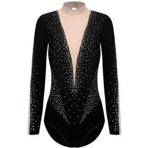 NUOYIXUAN Gymnastiekpakken voor dames, balletdanspak van transparant mesh, patchwork, body met lange mouwen voor dames, kunstschaatsen jumpsuit (zwart, XL)