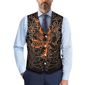 Wismoutput Herenpak, vest, zakelijk, formele jurk, gilet met V-hals, mouwloos, blazer, vest met riem aan de achterkant, Aziatische Draak, S