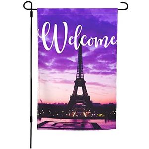 Tuinvlag 30x45cm, Eiffeltoren Fantasy Roze Paars Gradiënt Lucht Parijs Print Yard Vlaggen Levendige Kleur Veranda Vlag, Voor Activiteiten, Feesten