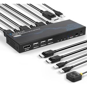 TCNEWCL DisplayPort KVM Switch 4 Port, 4K @60Hz DP en USB KVM-schakelaar voor 4 PC's Share 1 Monitor Toetsenbord Muis, USB 2.0 Displayport Switch voor laptop, PC, Xbox HDTV met 4 DP en USB-kabels