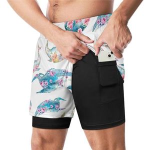 Walvis En Bloemen Grappige Zwembroek met Compressie Liner & Pocket Voor Mannen Board Zwemmen Sport Shorts