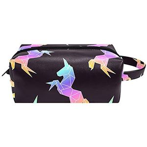 Etnische Indiase Olifanten Groen Wit Rood Lederen Cosmetische Pouch Tas met Handvat, Waterdichte Vierkante Toilettas Reistas, Kleine Potlood Case voor Dames Heren Meisjes Kids