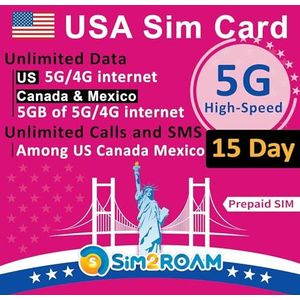 VS CANADA MEXICO Prepaid simkaart|Onbeperkte 5G/4G internetdata in de VS (inclusief Hawaï)+5GB data in CA en MX|Onbeperkt bellen en sms'en tussen de VS, CA en MX|Hervulbaar (15 dagen)