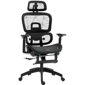 HOMCOM Bureaustoel, ergonomische bureaustoel met armleuning, hoofdsteun, lendensteun, in hoogte verstelbare mesh, draaistoel met kantelfunctie, ligfunctie, voetensteun, zwart