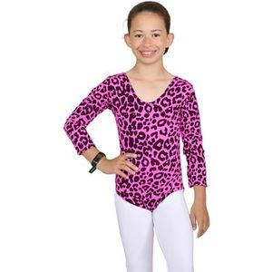 janisramone Meisjes Kids Leopard Print Lange Mouw Stretch Microvezel Dans Turnen Turnpakje Bodysuit Top, Neon Roze Luipaard, 13 jaar