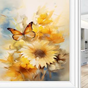 Mooie zonnebloemschildering, raamfolie, privacyfolie, moderne vlinderbloem, glas-in-loodfolie, decoratieve raamfolie, hechtende folie voor thuis, raam en glazen deur, zonwerend, 90 x 140 cm