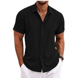 Heren effen kleur casual shirt met korte mouwen, zomerknoop Henley T-shirt Top Casual revers comfortabel linnen regular fit overhemd, Zwart, XL