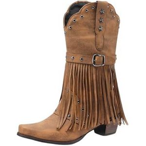 Cowboylaarzen For Dames Met Franjes Retro Western Enkellaarsjes PU Leren Bikerbooties Met Gesp Herfst-winter Enkellaarsjes Met Klinknagels Plus Size Instapschoenen Met Lage Hak(Brown,43 EU)