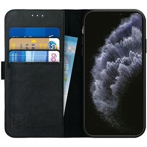 Rosso Deluxe Echt Leer Book Case Hoesje Geschikt voor voor iPhone 11 Pro | Ruimte voor drie pasjes | Portemonnee Book Case | Met Pasjeshouder | Zwart