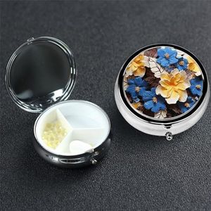 Gele en blauwe bloemen pillendoosje 3 compartimenten pillendoos ronde pil organiseren metalen waterdichte medicijnorganisatordoos voor reizen kleine pillencontainer draagbaar voor supplementen