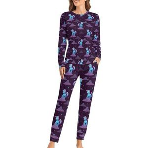 Kleine Cartoon Blauwe Eenhoorn Zachte Dames Pyjama Lange Mouw Warm Fit Pyjama Loungewear Sets met Zakken 5XL