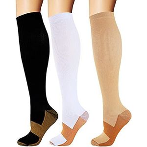 Koperen Compressiekousen, steunkousen, reiskousen, kniekousen voor mannen en vrouwen, 3 paar, voor hardlopen, sport, geneeskunde, gemengd, EU 35-39