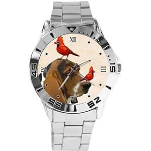 Hond en rode vogels ontwerp analoog polshorloge quartz zilveren wijzerplaat klassieke roestvrij stalen band vrouwen heren horloge