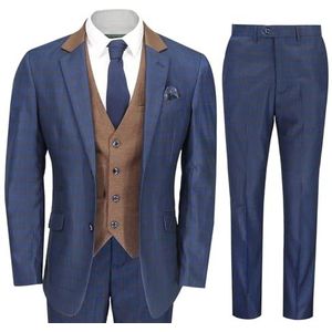 RAJEGAR Tweed pakken voor heren, 3 stuks, slanke blauwe geruite blazer, bruin vest, broek, sets, vintage outfits voor bruiloft, feest, Bruin, XL