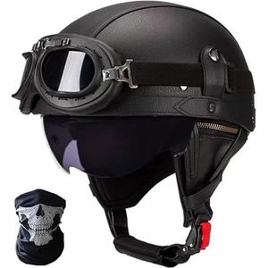 DOT/ECE-goedkeuring leren halve helm, retro motorfiets halve helm met bril, snelsluiting, volwassen halve jethelm, cruiser, scooterhelm, vintage A,S=55-56CM
