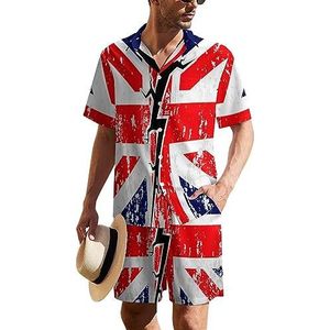 Britse vlag met een scheur in het midden Hawaiiaanse pak voor heren, 2-delige strandoutfit met korte mouwen en bijpassende shorts