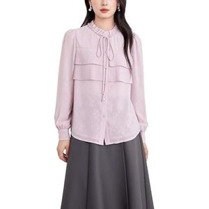 ROUZIHU Dames Lange mouwen Chiffon Shirt Slanke Ronde Hals, Knoopsluiting Slanke Temperament Kleine Shirt Dames Shirt(Purple,XXL)