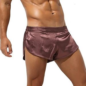 Mens Satin Jockstrap Boxer Shorts Grote Split Side Pyjama Bottom Silky Lounge Shorts Nightwear Trunks Athletic Supporters (Color : Brown, Size : M)