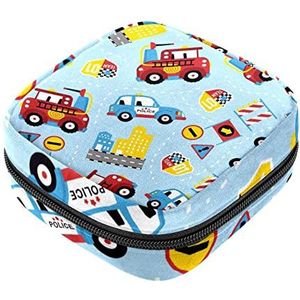 Maandverband Opbergtas, Vrouwelijke Product Pouches Draagbare Periode Kit Tas Voor Meisjes Vrouwen Dames Cartoon Brandweerwagen Taxi Auto, Meerkleurig, 4.7x6.6x6.6 in/12x17x17 cm