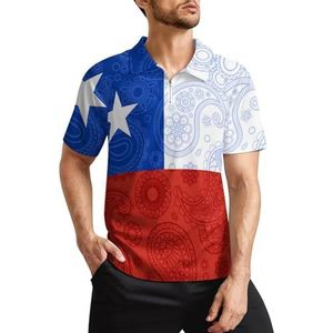 Chileense Paisley vlag heren golfpoloshirts klassieke pasvorm T-shirt met korte mouwen bedrukt casual sportkleding top L