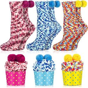 SaiXuan dames knuffelsokken in cake-design, 3 paar (roze, geel, lichtblauw), ideaal als Valentijnsdag-, verjaardag- of kerstcadeau, maat 36–42, herbruikbaar