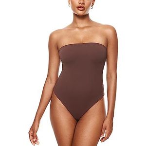 INLYRIC Vrouwen Natrelax Sexy Strapless Bodysuit String Tube Top Off The Shoulder One Piece Leotard Taupe 38