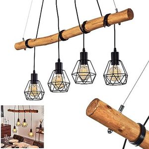 Hanglamp Seegaard, 4-lichts hanglamp van metaal in zwart en hout, kamerlamp vintage/boho stijl, 4 x E27, lampenkoppen afzonderlijk verstelbaar, zonder gloeilampen