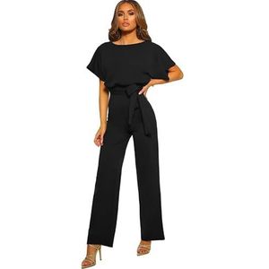 Haibang Jumpsuit voor dames, elegant, ronde hals, eendelig, eendelig en zomer-romper, lange rompers met wijde pijpen, met riem, ceremonie, cocktail, overall, casual, playsuit, modieuze rompers, Zwart,