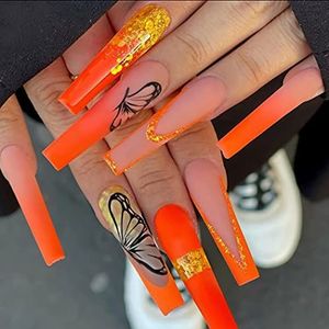 Coffin Long False Nails Butterfly Press on Nails French Orange Fake Nails Glitter Ballerina Acrylic Stick on Nails 24pcs for Women and Girls