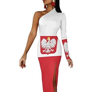 Vlag van Polen met adelaar voor dames, halflange mouwen, avondjurk, feestjurk, cocktailjurk, split, bodycon jurk, XS